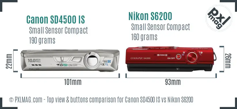 Canon SD4500 IS vs Nikon S6200 top view buttons comparison Canon SD4500 IS vs Nikon S6200 top view buttons comparison