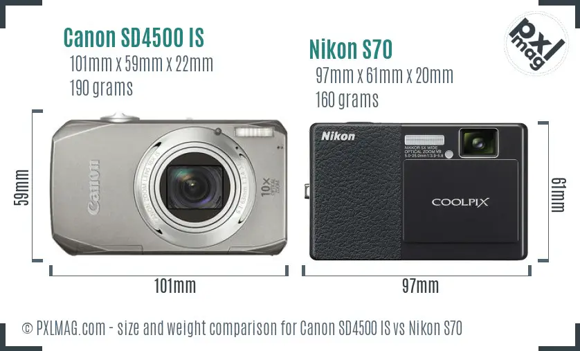 Canon SD4500 IS vs Nikon S70 size comparison