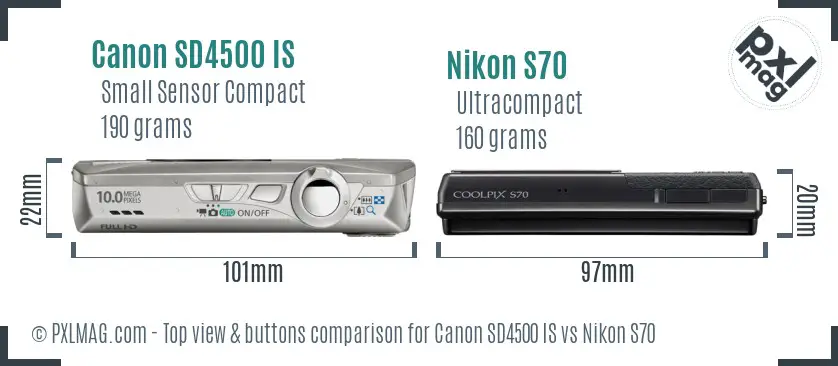 Canon SD4500 IS vs Nikon S70 top view buttons comparison