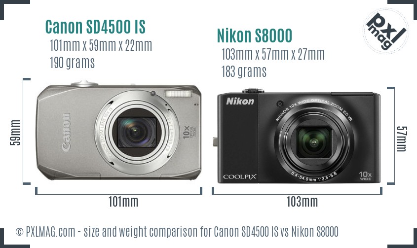 Canon SD4500 IS vs Nikon S8000 size comparison