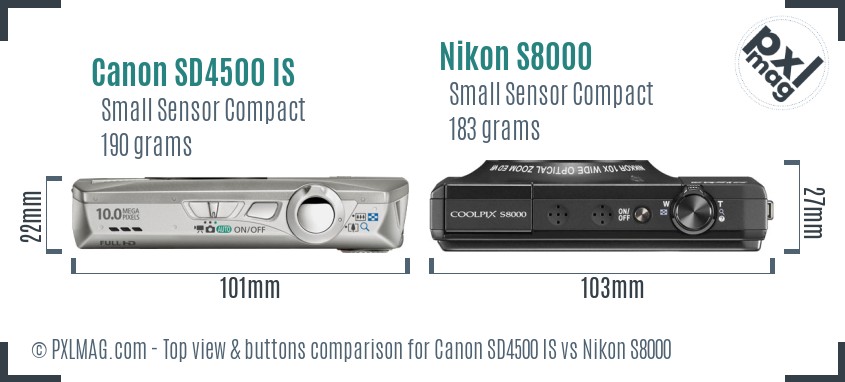 Canon SD4500 IS vs Nikon S8000 top view buttons comparison