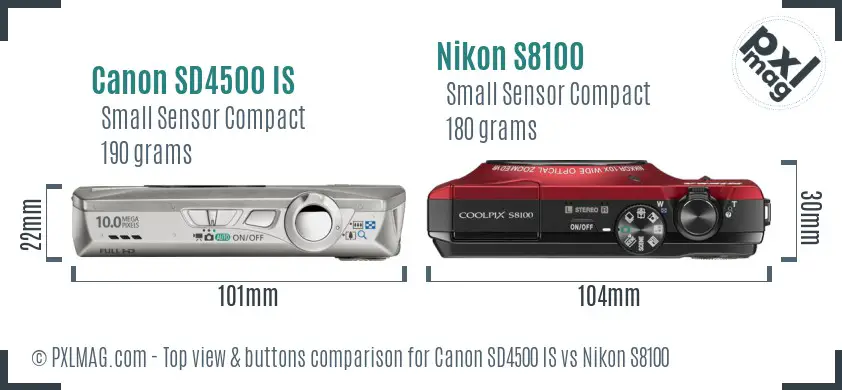 Canon SD4500 IS vs Nikon S8100 top view buttons comparison