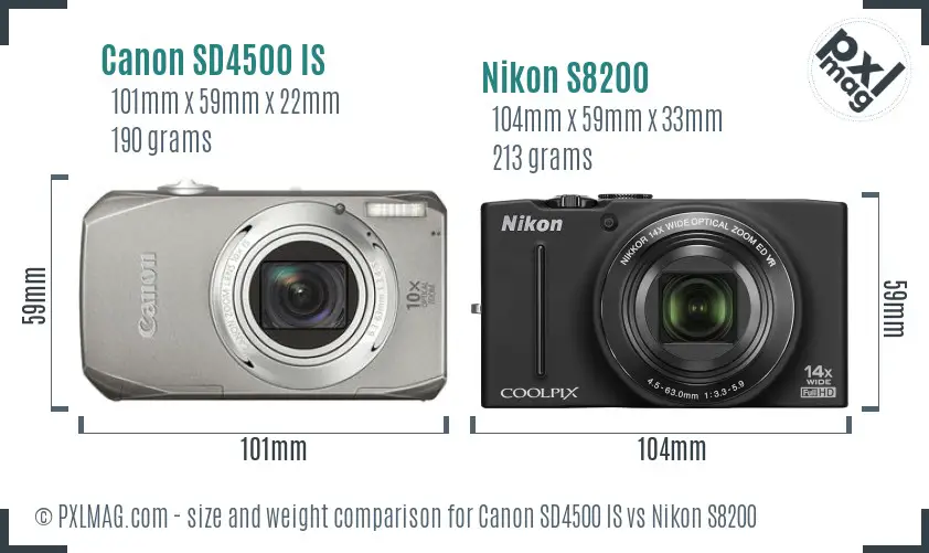 Canon SD4500 IS vs Nikon S8200 size comparison