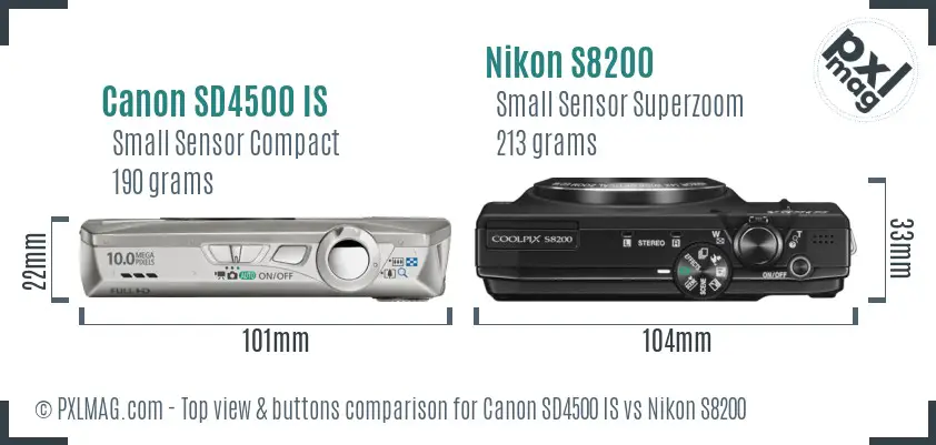 Canon SD4500 IS vs Nikon S8200 top view buttons comparison