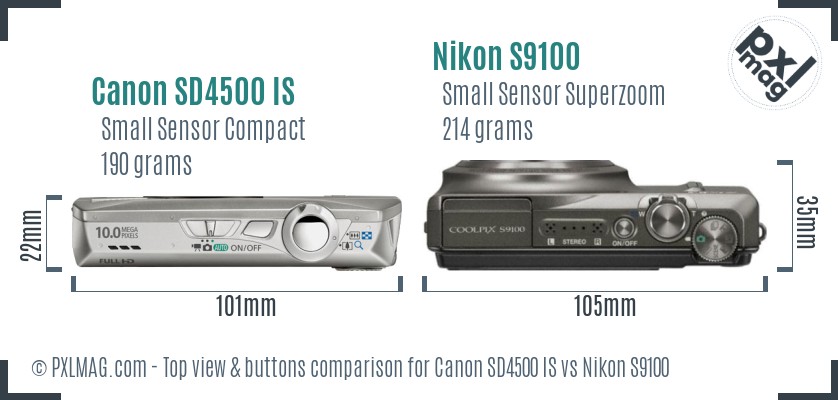 Canon SD4500 IS vs Nikon S9100 top view buttons comparison