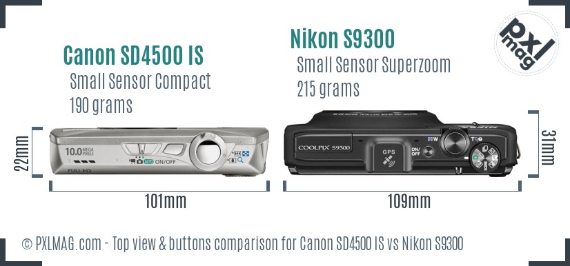 Canon SD4500 IS vs Nikon S9300 top view buttons comparison