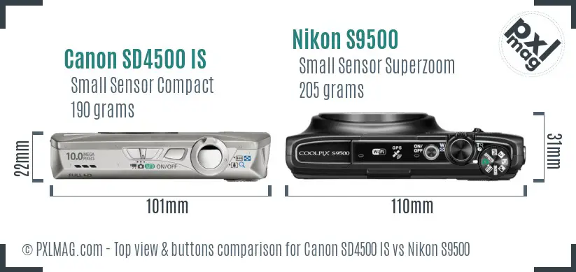 Canon SD4500 IS vs Nikon S9500 top view buttons comparison