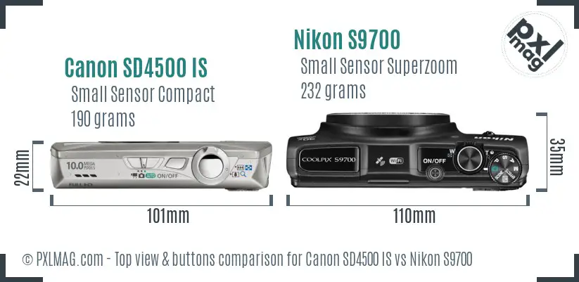 Canon SD4500 IS vs Nikon S9700 top view buttons comparison