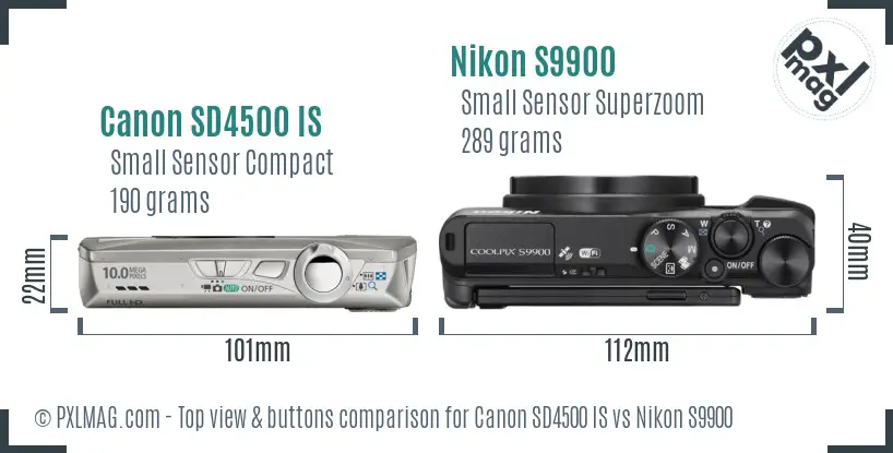 Canon SD4500 IS vs Nikon S9900 top view buttons comparison