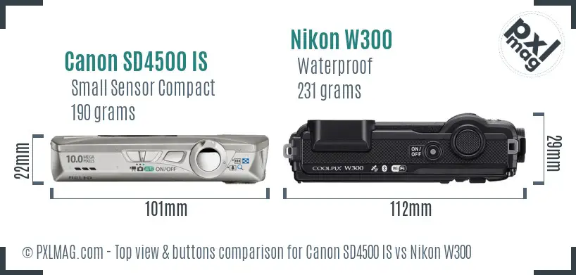 Canon SD4500 IS vs Nikon W300 top view buttons comparison Canon SD4500 IS vs Nikon W300 top view buttons comparison
