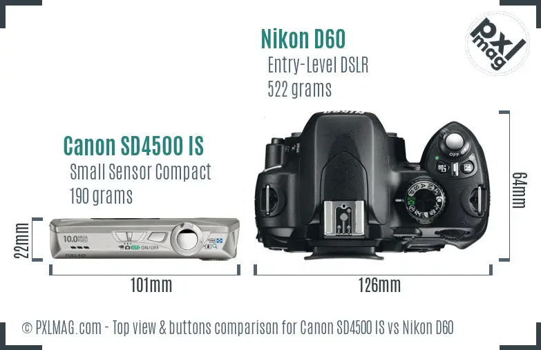 Canon SD4500 IS vs Nikon D60 top view buttons comparison