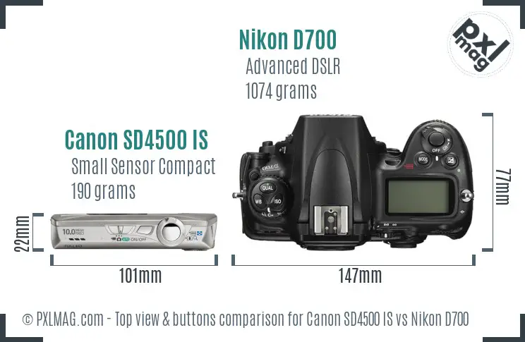 Canon SD4500 IS vs Nikon D700 top view buttons comparison