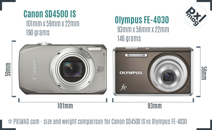 Canon SD4500 IS vs Olympus FE-4030 size comparison Canon SD4500 IS vs Olympus FE-4030 size comparison