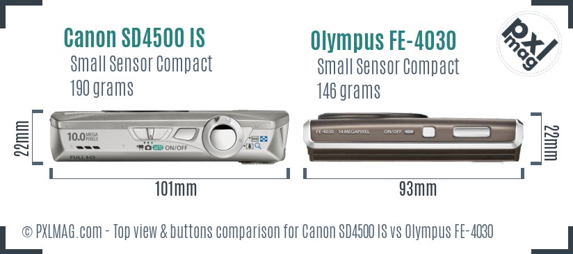 Canon SD4500 IS vs Olympus FE-4030 top view buttons comparison