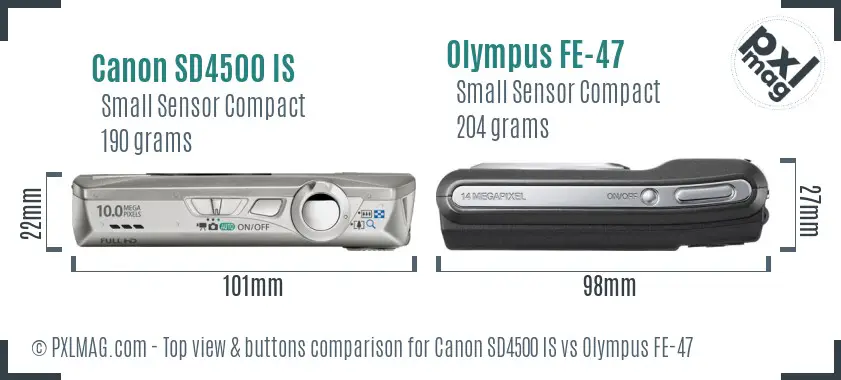 Canon SD4500 IS vs Olympus FE-47 top view buttons comparison