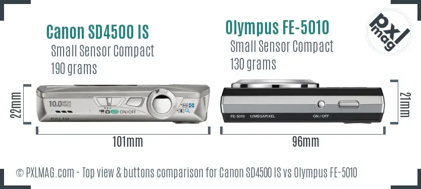 Canon SD4500 IS vs Olympus FE-5010 top view buttons comparison Canon SD4500 IS vs Olympus FE-5010 top view buttons comparison