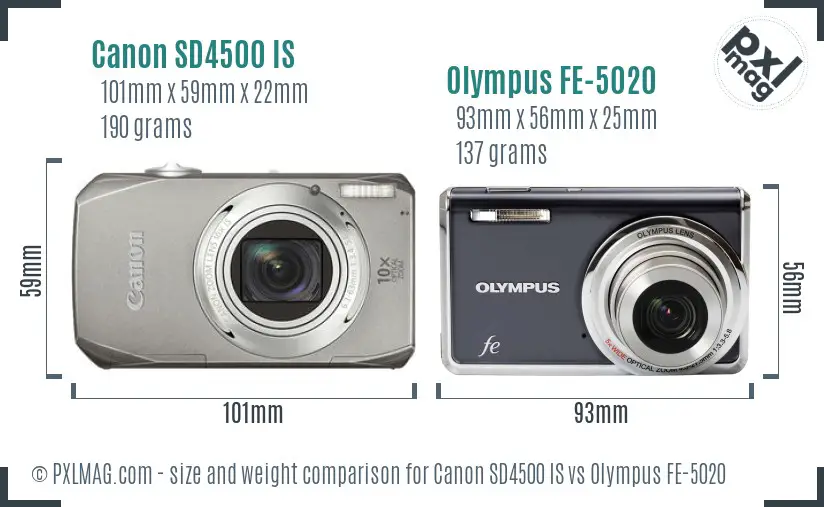 Canon SD4500 IS vs Olympus FE-5020 size comparison Canon SD4500 IS vs Olympus FE-5020 size comparison