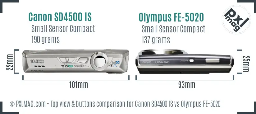 Canon SD4500 IS vs Olympus FE-5020 top view buttons comparison Canon SD4500 IS vs Olympus FE-5020 top view buttons comparison