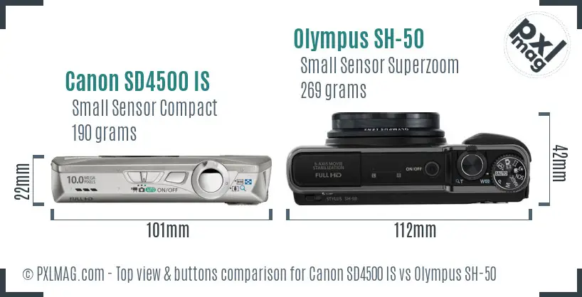 Canon SD4500 IS vs Olympus SH-50 top view buttons comparison