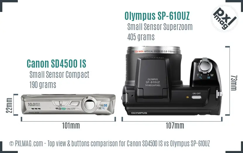 Canon SD4500 IS vs Olympus SP-610UZ top view buttons comparison