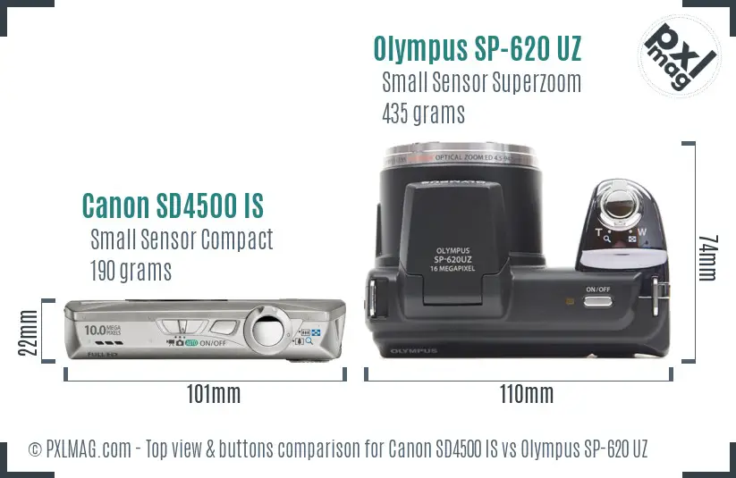 Canon SD4500 IS vs Olympus SP-620 UZ top view buttons comparison