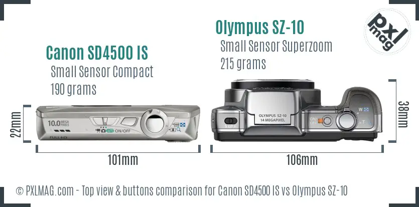 Canon SD4500 IS vs Olympus SZ-10 top view buttons comparison Canon SD4500 IS vs Olympus SZ-10 top view buttons comparison