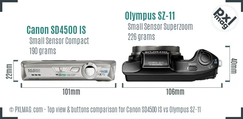 Canon SD4500 IS vs Olympus SZ-11 top view buttons comparison