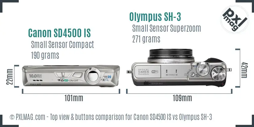 Canon SD4500 IS vs Olympus SH-3 top view buttons comparison