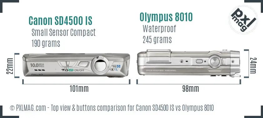Canon SD4500 IS vs Olympus 8010 top view buttons comparison Canon SD4500 IS vs Olympus 8010 top view buttons comparison