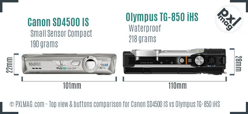 Canon SD4500 IS vs Olympus TG-850 iHS top view buttons comparison