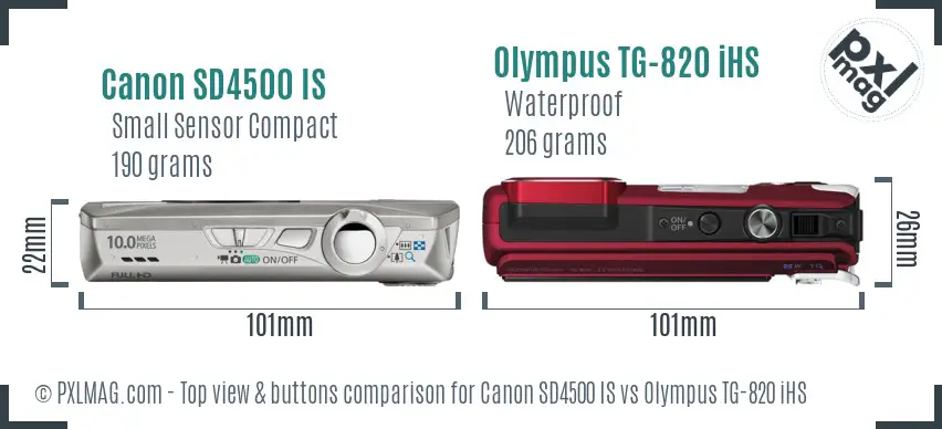 Canon SD4500 IS vs Olympus TG-820 iHS top view buttons comparison