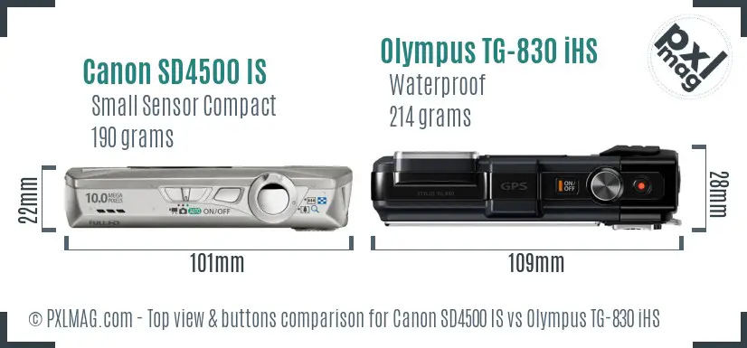 Canon SD4500 IS vs Olympus TG-830 iHS top view buttons comparison