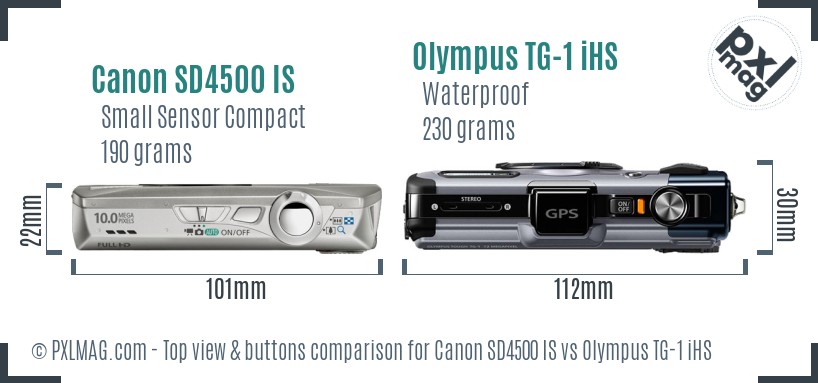 Canon SD4500 IS vs Olympus TG-1 iHS top view buttons comparison