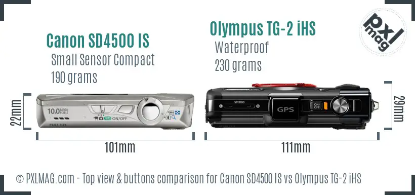 Canon SD4500 IS vs Olympus TG-2 iHS top view buttons comparison