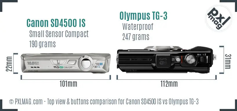 Canon SD4500 IS vs Olympus TG-3 top view buttons comparison