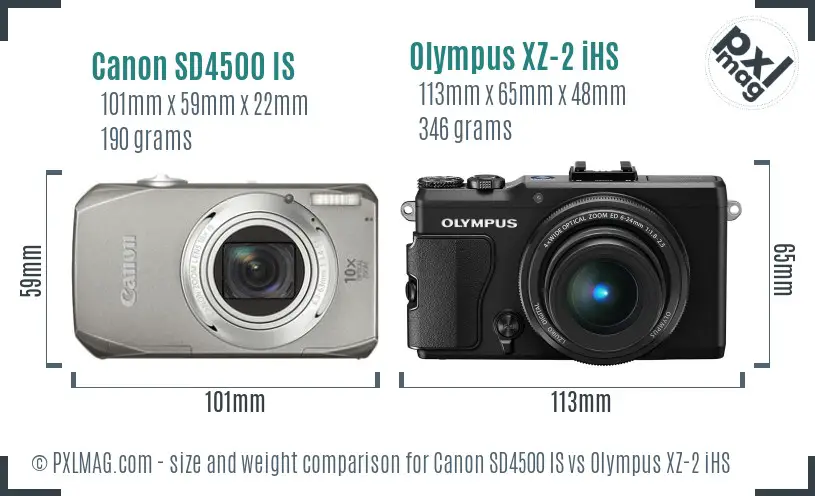 Canon SD4500 IS vs Olympus XZ-2 iHS size comparison