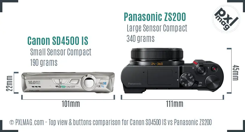 Canon SD4500 IS vs Panasonic ZS200 top view buttons comparison