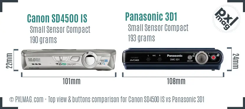 Canon SD4500 IS vs Panasonic 3D1 top view buttons comparison Canon SD4500 IS vs Panasonic 3D1 top view buttons comparison