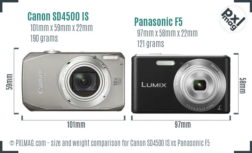 Canon SD4500 IS vs Panasonic F5 size comparison