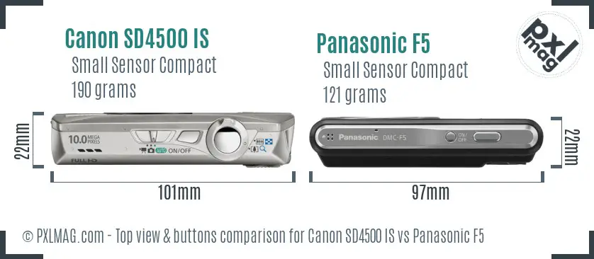 Canon SD4500 IS vs Panasonic F5 top view buttons comparison