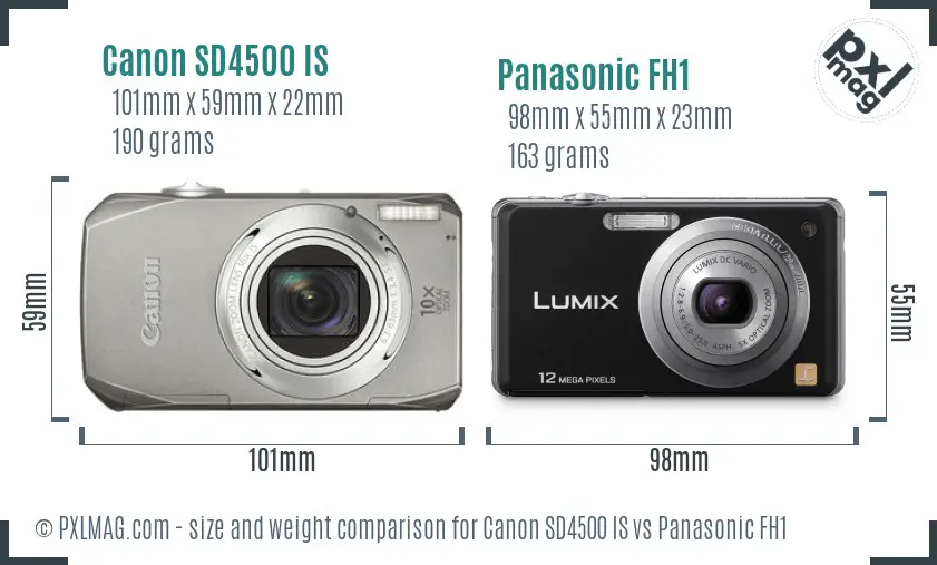 Canon SD4500 IS vs Panasonic FH1 size comparison