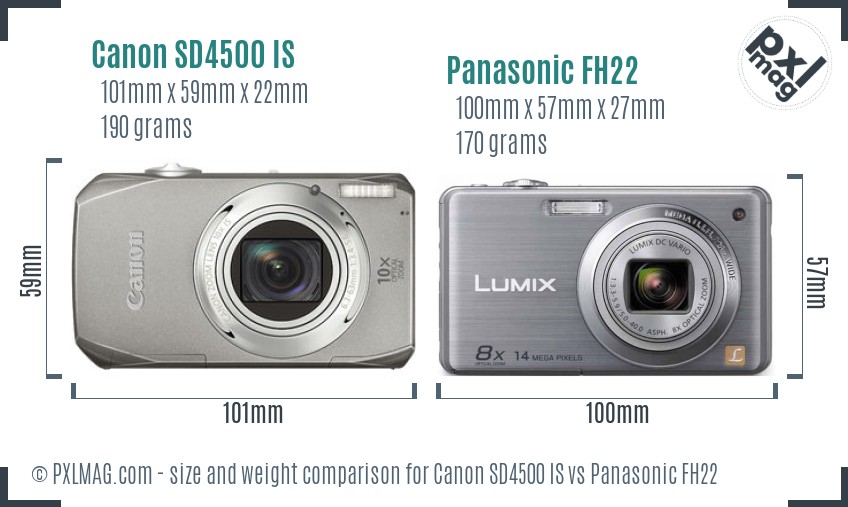 Canon SD4500 IS vs Panasonic FH22 size comparison