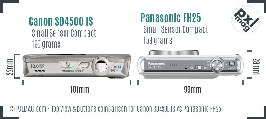 Canon SD4500 IS vs Panasonic FH25 top view buttons comparison Canon SD4500 IS vs Panasonic FH25 top view buttons comparison