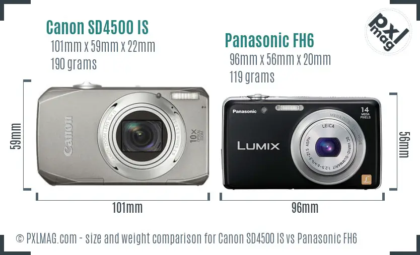 Canon SD4500 IS vs Panasonic FH6 size comparison
