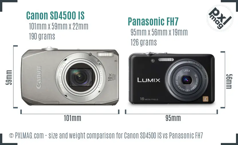 Canon SD4500 IS vs Panasonic FH7 size comparison