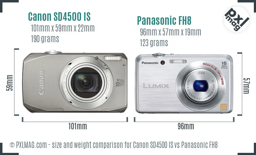 Canon SD4500 IS vs Panasonic FH8 size comparison
