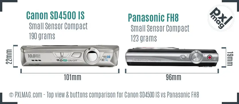 Canon SD4500 IS vs Panasonic FH8 top view buttons comparison