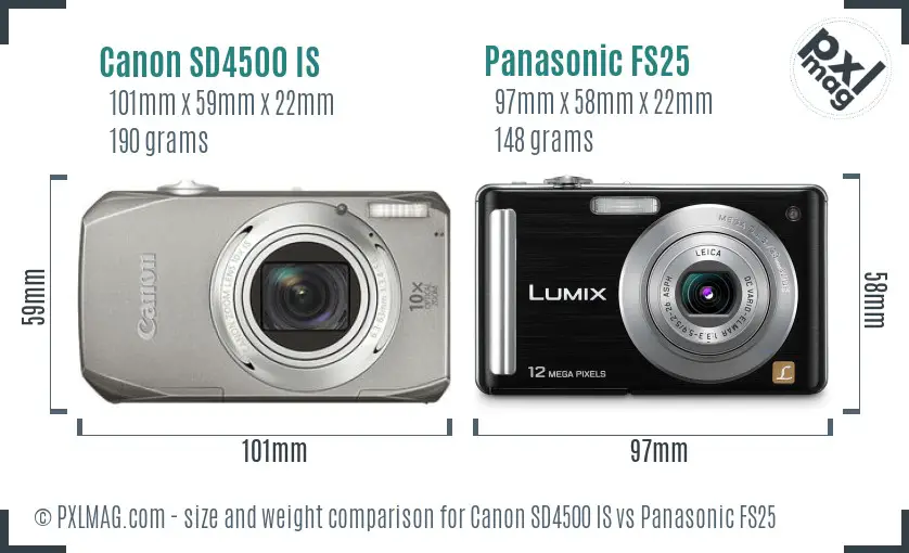 Canon SD4500 IS vs Panasonic FS25 size comparison