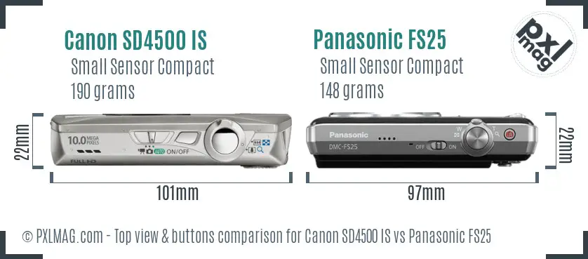 Canon SD4500 IS vs Panasonic FS25 top view buttons comparison