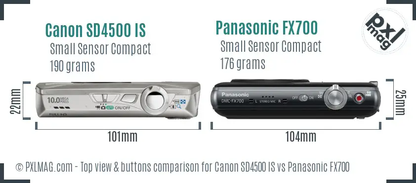Canon SD4500 IS vs Panasonic FX700 top view buttons comparison Canon SD4500 IS vs Panasonic FX700 top view buttons comparison